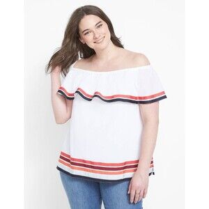 Lane Bryant NWT 18/20 White Off Shoulder Grossgrain Ribbon Trim Cotton Top Shirt